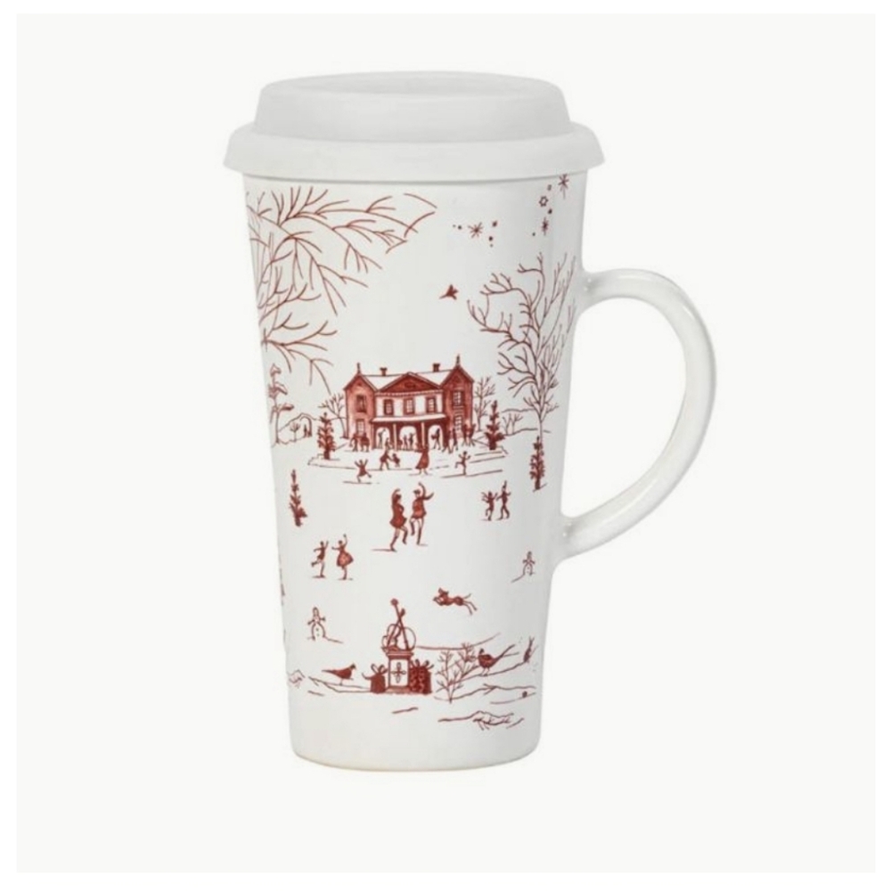 Juliska Winter Frolic Ruby Travel Mug With Lid NEW